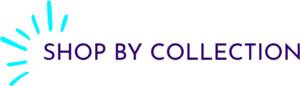 Shop by Collection banner with teal decorative rays on the left side.
