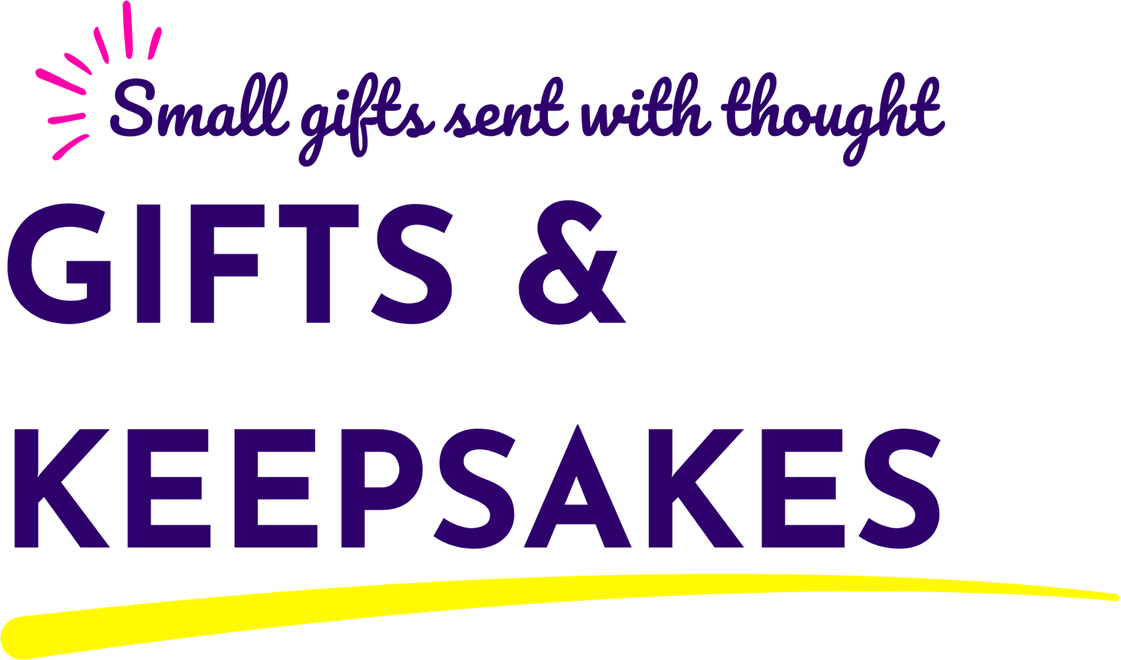 Logo/banner reading 'Small gifts sent with thought' above the bold 'GIFTS & KEEPSAKES' with a yellow curved underline decoration.