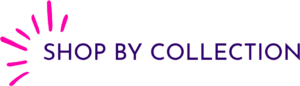Shop by Collection banner with pink sunburst accents on the left.