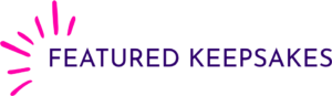 Banner graphic reading 'FEATURED KEEPSAKES' with magenta decorative rays on the left side.