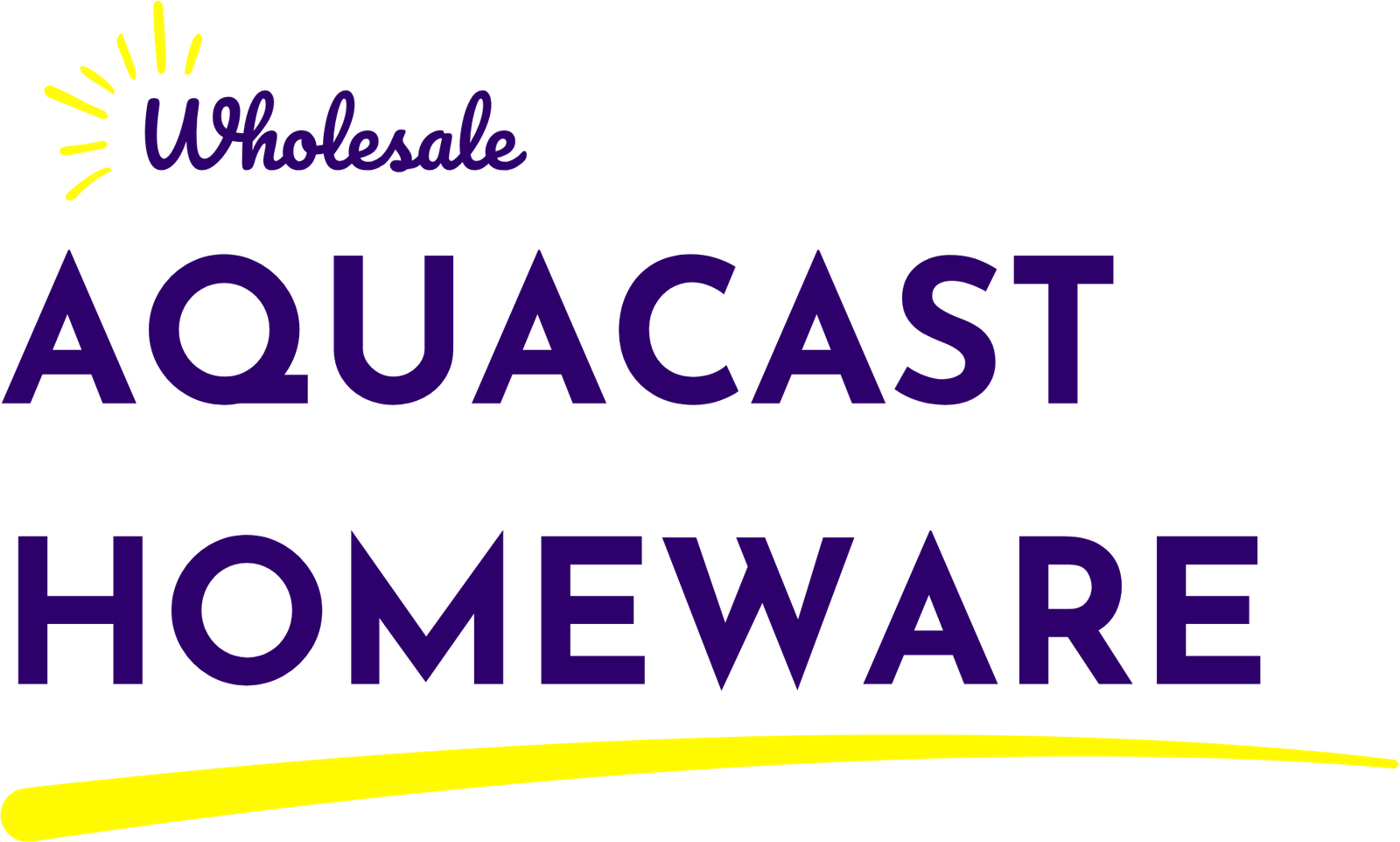 Wholesale AQUACAST homeware logo with purple text and a yellow curved brush stroke