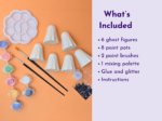 Craft kit layout: ghost-shaped clay cones, paint pots and brushes on orange; lavender panel lists items on the right.