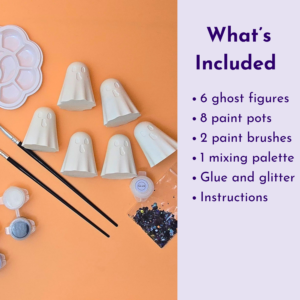 Craft kit layout: ghost-shaped clay cones, paint pots and brushes on orange; lavender panel lists items on the right.