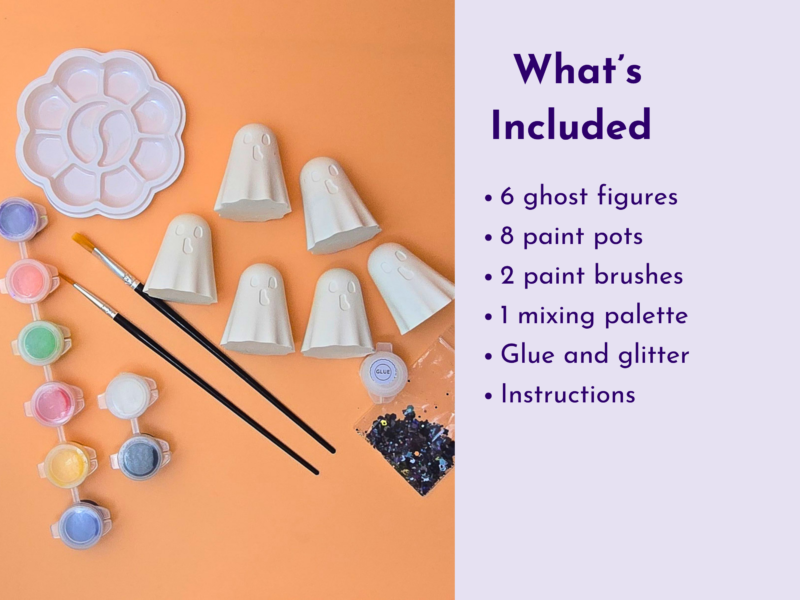 Craft kit layout: ghost-shaped clay cones, paint pots and brushes on orange; lavender panel lists items on the right.