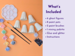 Craft kit layout: ghost-shaped clay cones, paint pots and brushes on orange; lavender panel lists items on the right.