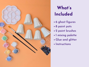 Craft kit layout: ghost-shaped clay cones, paint pots and brushes on orange; lavender panel lists items on the right.