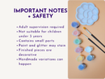 Informational banner about important notes and safety with an art palette, paints, and brushes shown on the right.