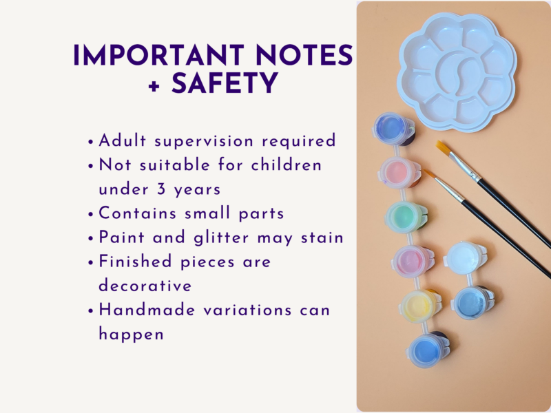 Informational banner about important notes and safety with an art palette, paints, and brushes shown on the right.