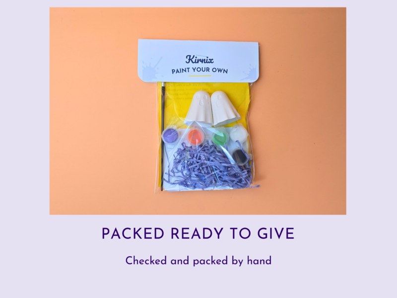 DIY paint-your-own kit in a clear bag with paints and brushes, labeled Kirnix Paint Your Own reuse ready for gifting