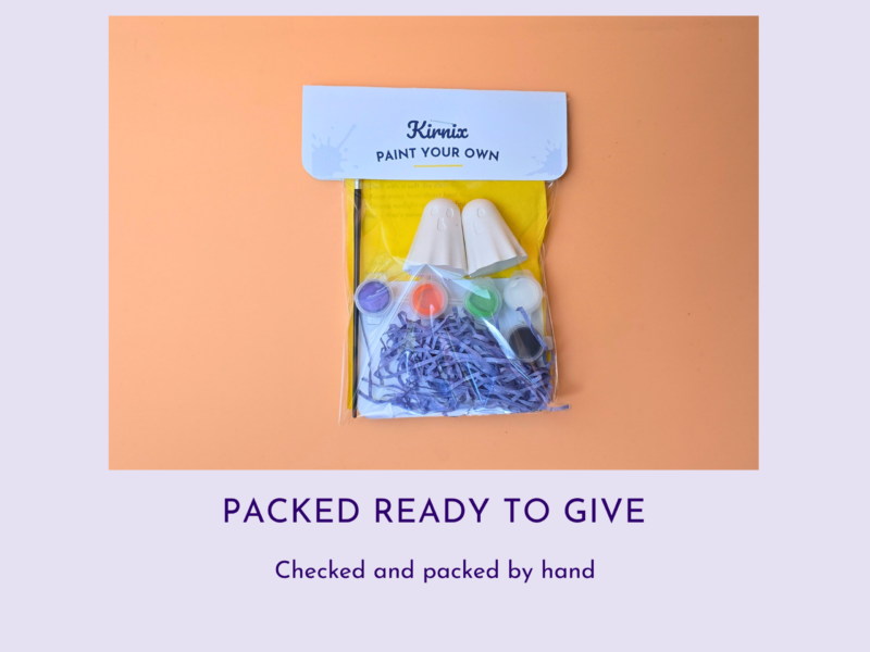 DIY paint-your-own kit in a clear bag with paints and brushes, labeled Kirnix Paint Your Own reuse ready for gifting