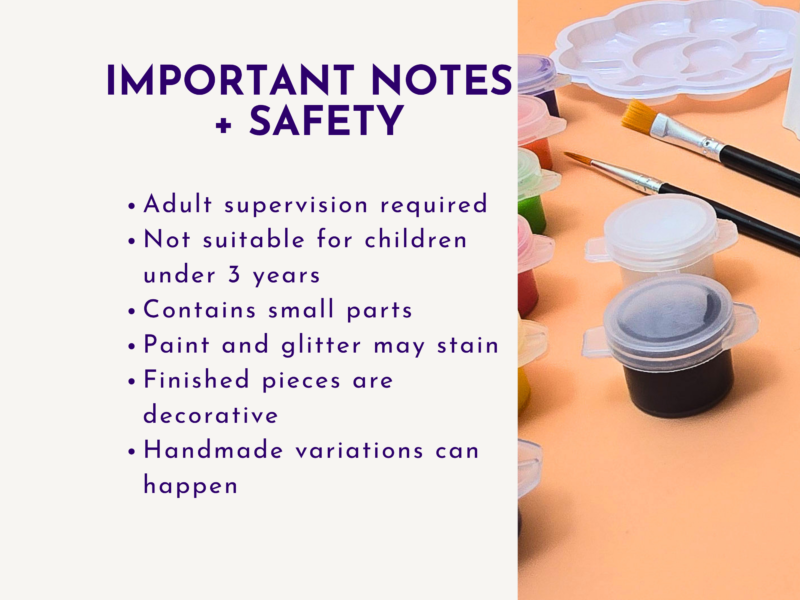 Informational graphic about important notes and safety for painting; left side lists safety bullets, right side shows paints and brushes.