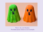 KNP-PYO-GHOST-mini08Painted result Two bright ghost-shaped gourds, one green and one orange, stand side by side on a pale surface as a craft display.