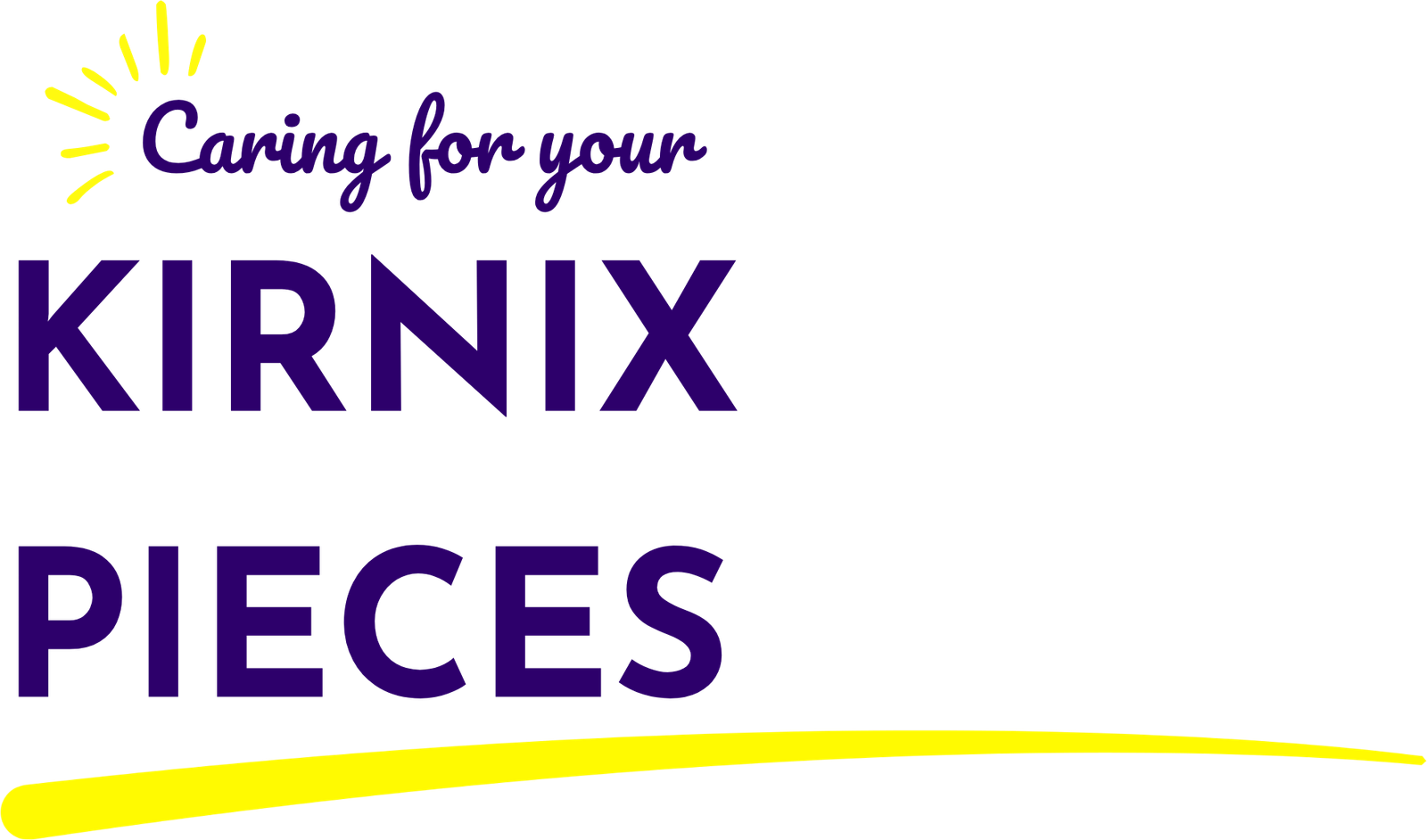Kirnix logo: yellow sunburst, 'Caring for your' in purple script, large bold purple 'KIRNIX', and 'PIECES' beneath with a yellow curved underline.