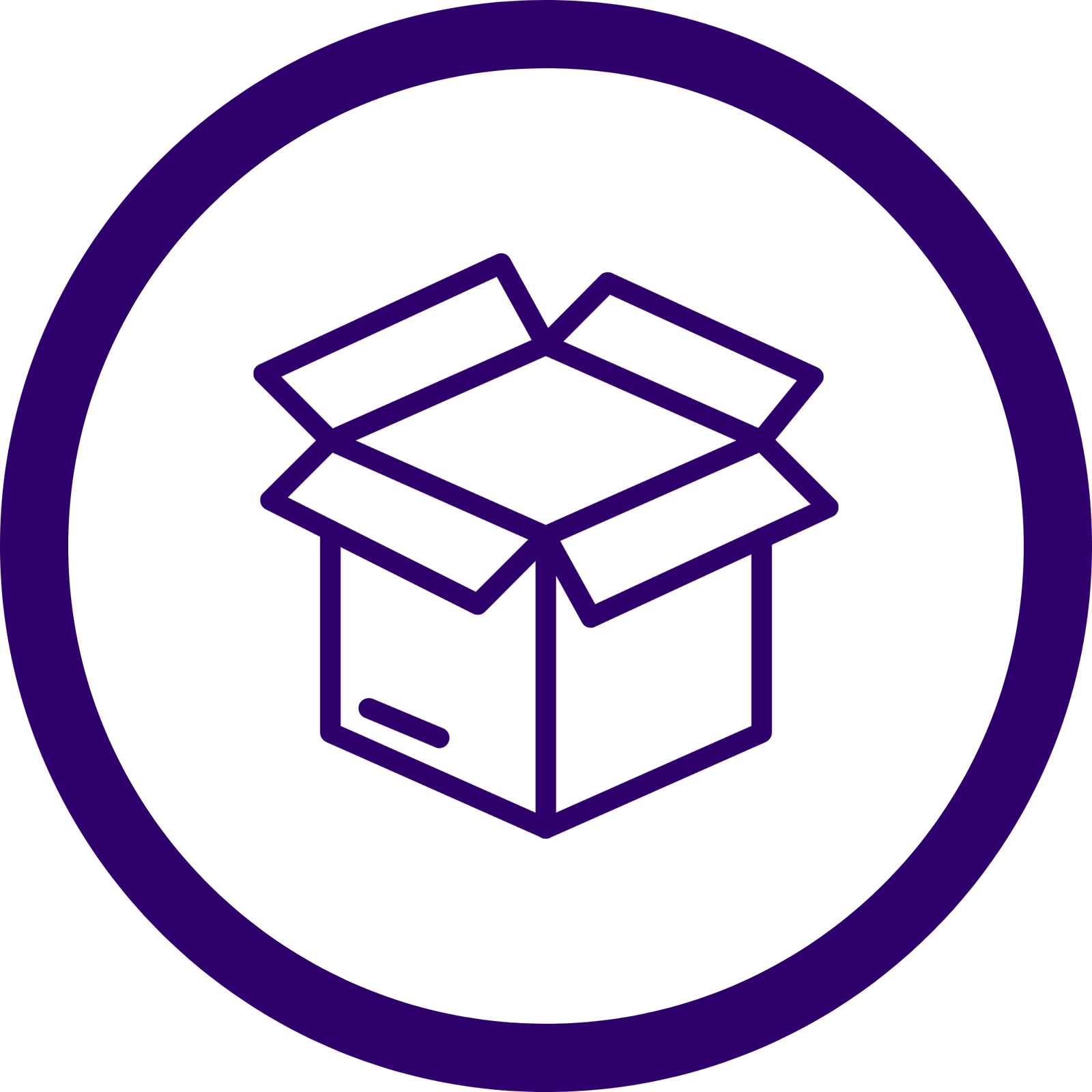 Circular logo: white disk with a thick purple border and an abstract purple 3D cube outline in the center