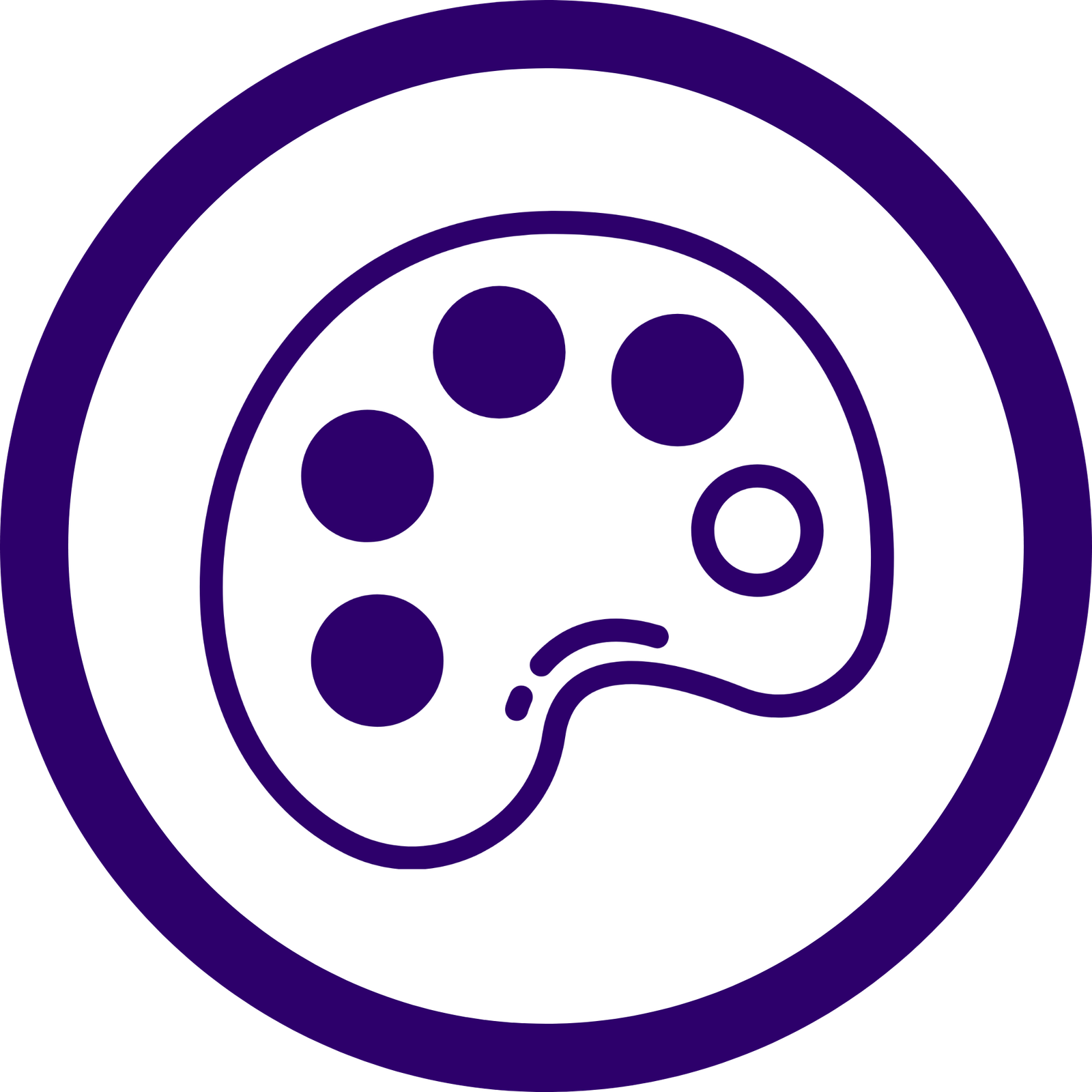 Close-up of a purple circular logo with concentric rings and dot motif on white background.