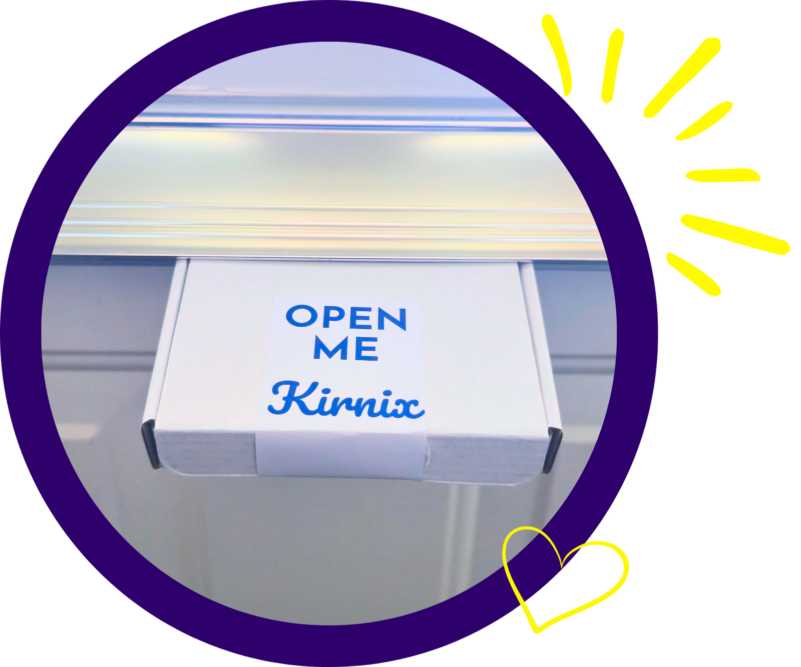 Decorative graphic featuring a circular purple frame with yellow sunburst doodles and a sign reading OPEN ME inside.