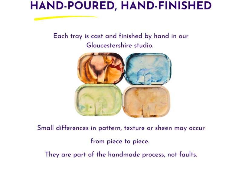 Headlines 'HAND-POURED, HAND-FINISHED' with a yellow underline; text explains trays are cast and finished by hand in Gloucestershire, shown above a cluster of colorful square trays.