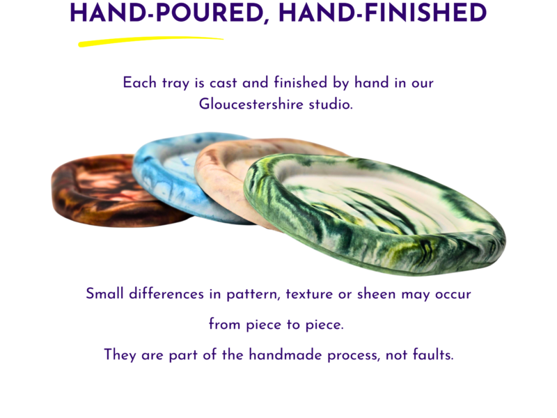 Hero banner with bold purple headline 'HAND-POURED, HAND-FINISHED', a yellow underline, and text about hand-made trays, followed by colorful resin bracelets below.