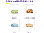 Four marbled finish swatches: green, burnt copper, blue, and beige.