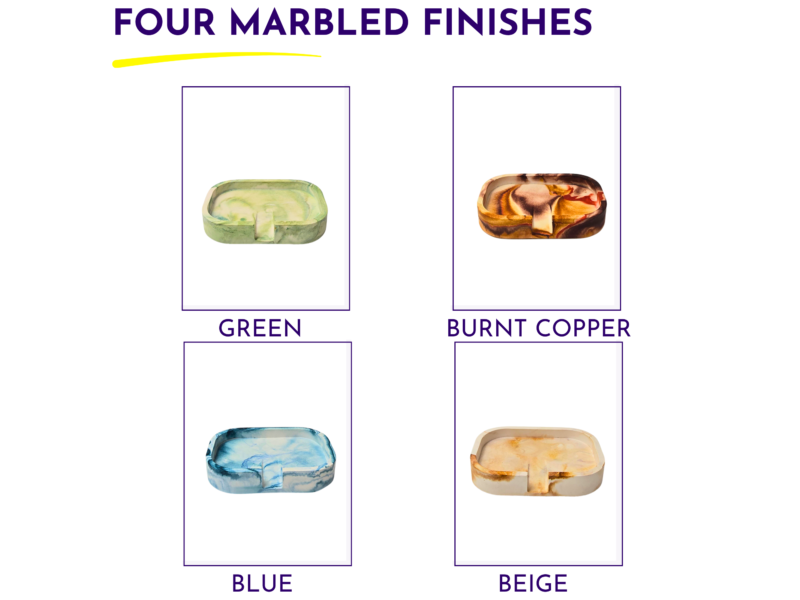 Four marbled finish swatches: green, burnt copper, blue, and beige.