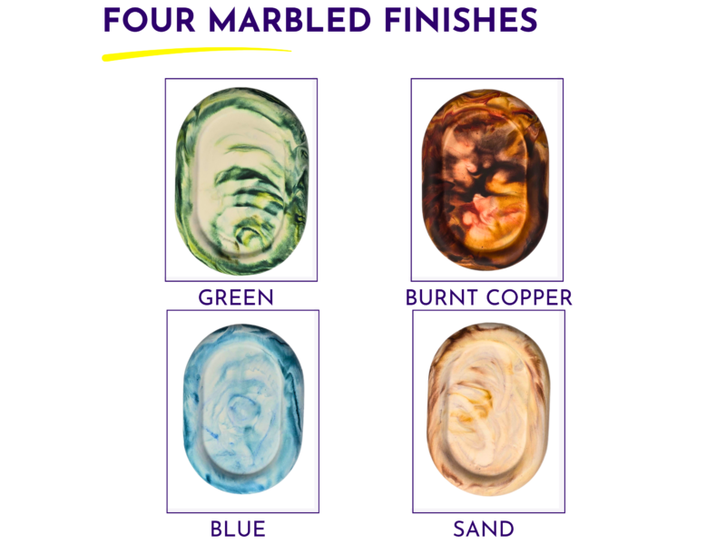 Gallery of four marbled finishes with purple-framed swatches labeled Green, Burnt Copper, Blue, and Sand.