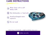 Jewelry care guide: wipe with a soft damp cloth; not dishwasher or food safe; avoid prolonged water exposure; indoor use only.