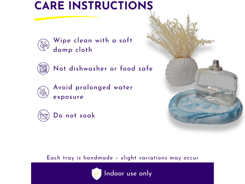 Care instructions panel: wipe with soft damp cloth and notes about washing and safety, with a decorative bottle image on the right.