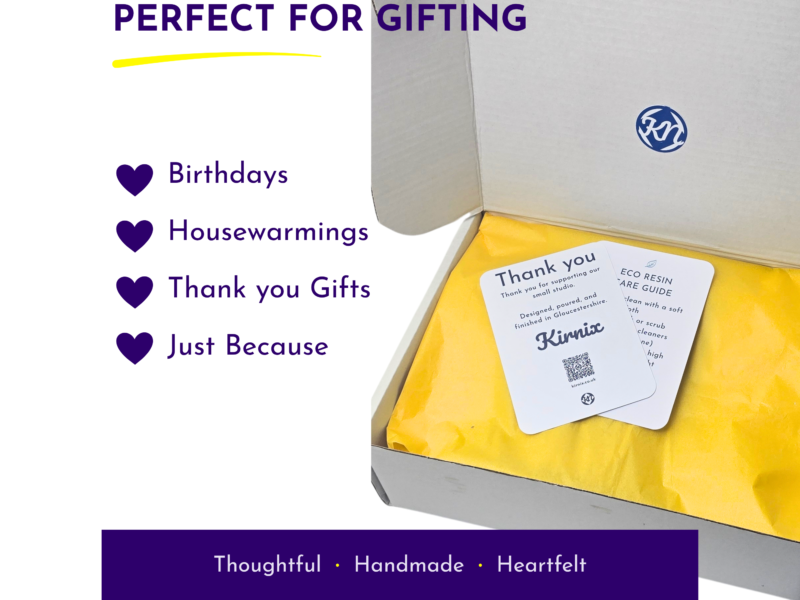 Split-screen image: left white panel shows 'PERFECT FOR GIFTING' with purple text and yellow underline, then a vertical list of gift occasions with hearts: Birthdays, Housewarmings, Thank you Gifts, etc.; right side shows an open box with yellow tissue and a 'Thank you' card inside.