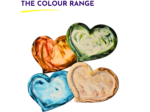 Cluster of painted hearts in red, green, blue, and beige overlapping on a white background, with 'THE COLOUR RANGE' at the top.