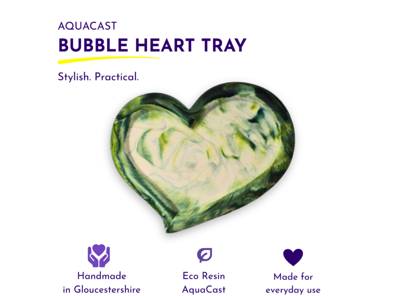 AQUACAST Bubble Heart Tray banner with a green-marble heart-shaped tray beneath the text on white background