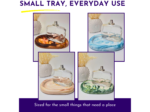 Collage of perfume bottles resting on round marbled trays with purple borders; includes the heading 'Small Tray, Everyday Use' at the top.