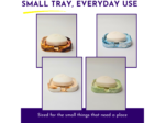 Collage of small marble trays in brown, blue, pink, and green with white soap-like shapes; header text: 'Small Tray, Everyday Use'.