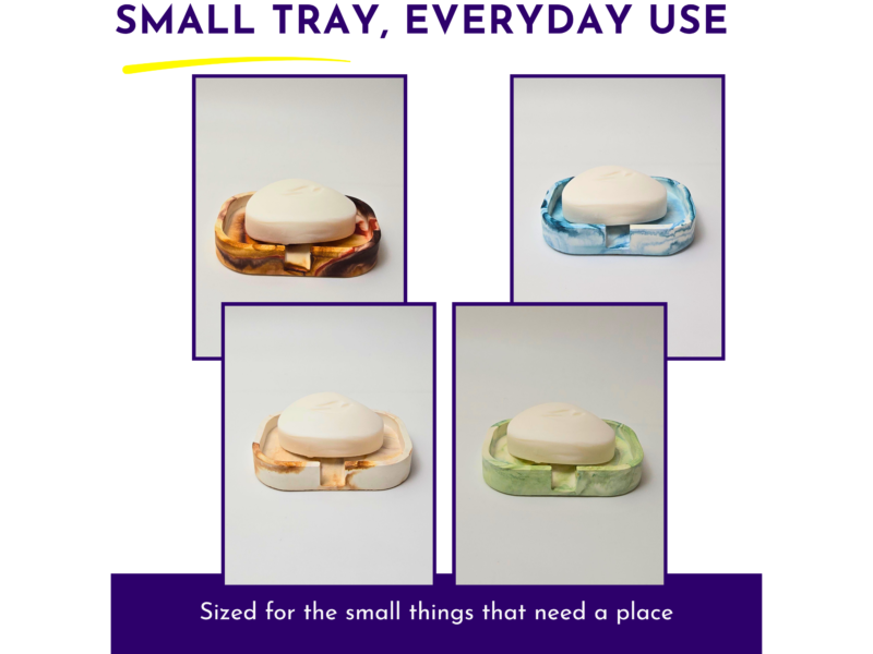 Collage of small marble trays in brown, blue, pink, and green with white soap-like shapes; header text: 'Small Tray, Everyday Use'.