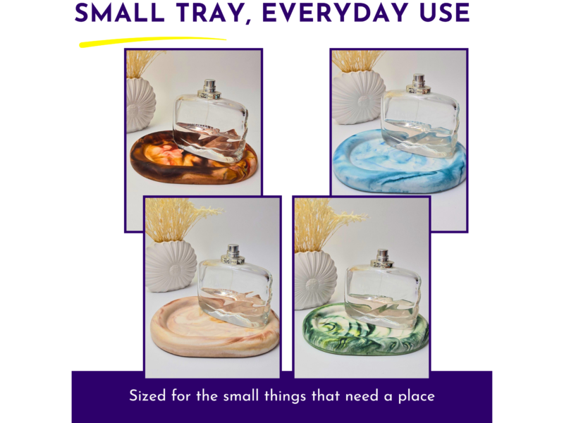 Collage of perfume bottles resting on round marbled trays with purple borders; includes the heading 'Small Tray, Everyday Use' at the top.