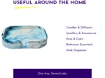 Blue marbled round bag on the left with a bold purple heading 'USEFUL AROUND THE HOME' and a yellow underline; to the right, list items such as Candles & Diffusers, Jewellery & Accessories, Keys & Coins, Bathroom Essentials, Desk Organiser.