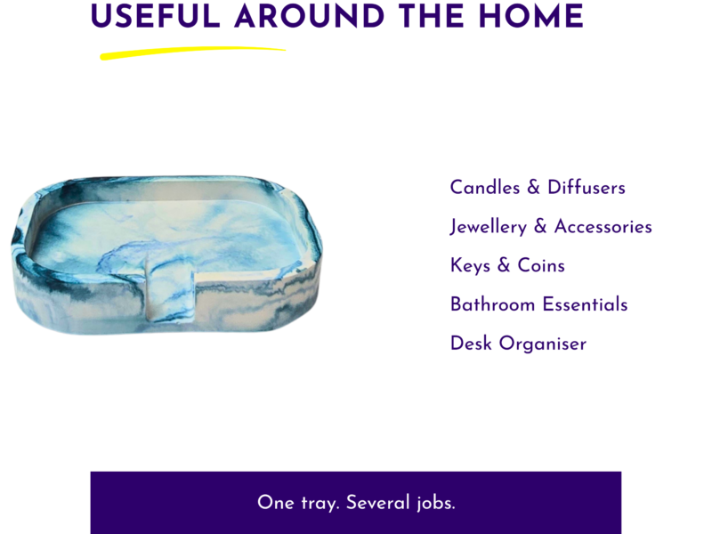 Blue marbled round bag on the left with a bold purple heading 'USEFUL AROUND THE HOME' and a yellow underline; to the right, list items such as Candles & Diffusers, Jewellery & Accessories, Keys & Coins, Bathroom Essentials, Desk Organiser.
