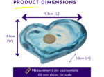 Product-dimension illustration: a blue heart-shaped dish with a coin inside, arrows show 15.5 cm width and 13.5 cm height, header reads 'Product Dimensions'