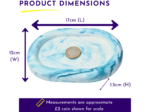 Product dimensions diagram showing a round blue marble dish with arrows: 17 cm length, 12 cm width, and 1.5 cm height.