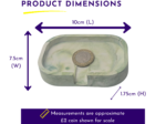 Product dimensions diagram showing arrows for width 7.5 cm, length 10 cm, and height 1.75 cm with a coin for scale.