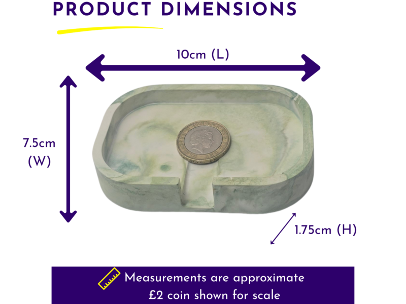 Product dimensions diagram showing arrows for width 7.5 cm, length 10 cm, and height 1.75 cm with a coin for scale.
