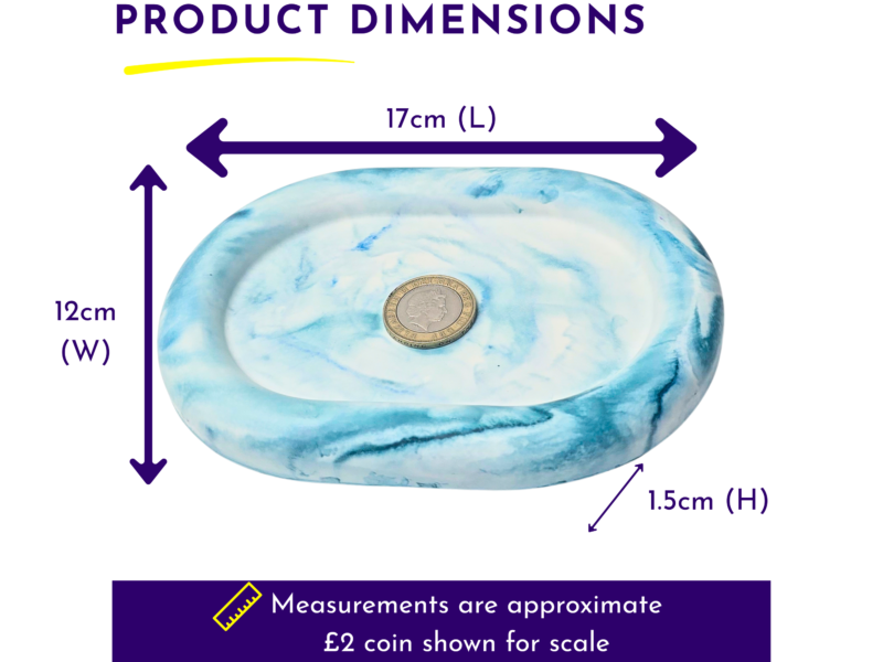 Product dimensions diagram showing a round blue marble dish with arrows: 17 cm length, 12 cm width, and 1.5 cm height.