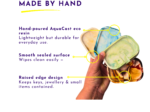 Hand holding colorful resin pieces beside bold 'MADE BY HAND' text and yellow highlight marks, a promotional banner for handmade resin products.