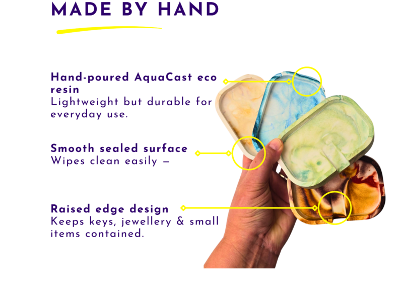 Hand holding colorful resin pieces beside bold 'MADE BY HAND' text and yellow highlight marks, a promotional banner for handmade resin products.