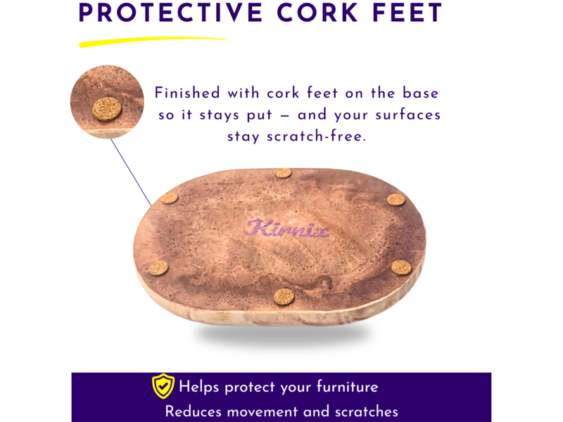 Infographic promoting protective cork feet for furniture, showing a cork foot close-up and the headline 'PROTECTIVE CORK FEET'.