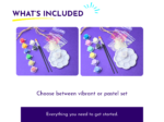 Two side-by-side photos showing paint pots, brushes, glitter, and a plastic palette on a purple background for crafts instruction.