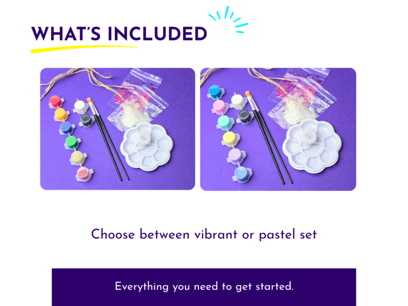 Two side-by-side photos showing paint pots, brushes, glitter, and a plastic palette on a purple background for crafts instruction.