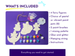 Craft kit items on a purple surface under ‘What’s Included’ with four fairy shapes, paints, brushes, and other supplies on display