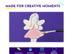 Banner showing the text 'MADE FOR CREATIVE MOMENTS' with a yellow swoosh and teal decorative rays, and a white winged figure painting a pink dress on a purple background; lower navigation strip shows icons for Rainy Day, Birthday, Playday and Screen-Free Fun.