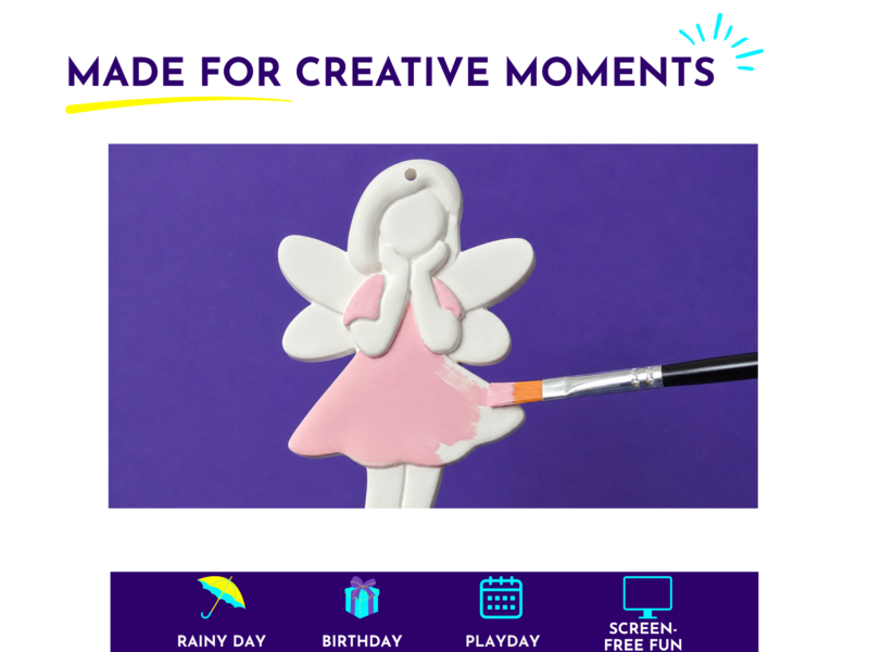 Banner showing the text 'MADE FOR CREATIVE MOMENTS' with a yellow swoosh and teal decorative rays, and a white winged figure painting a pink dress on a purple background; lower navigation strip shows icons for Rainy Day, Birthday, Playday and Screen-Free Fun.