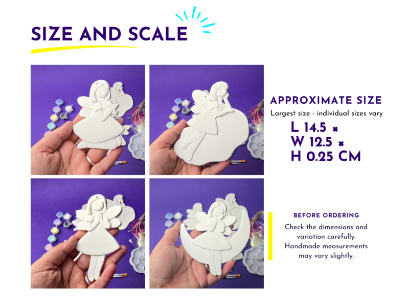 Two close-up photos show a hand holding a white angel-shaped cookie cutter against a purple craft mat, forming a 2-image grid.